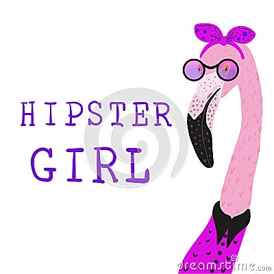 Portrait of Hipster flamingo girl in a fun neon glasses Vector Illustration